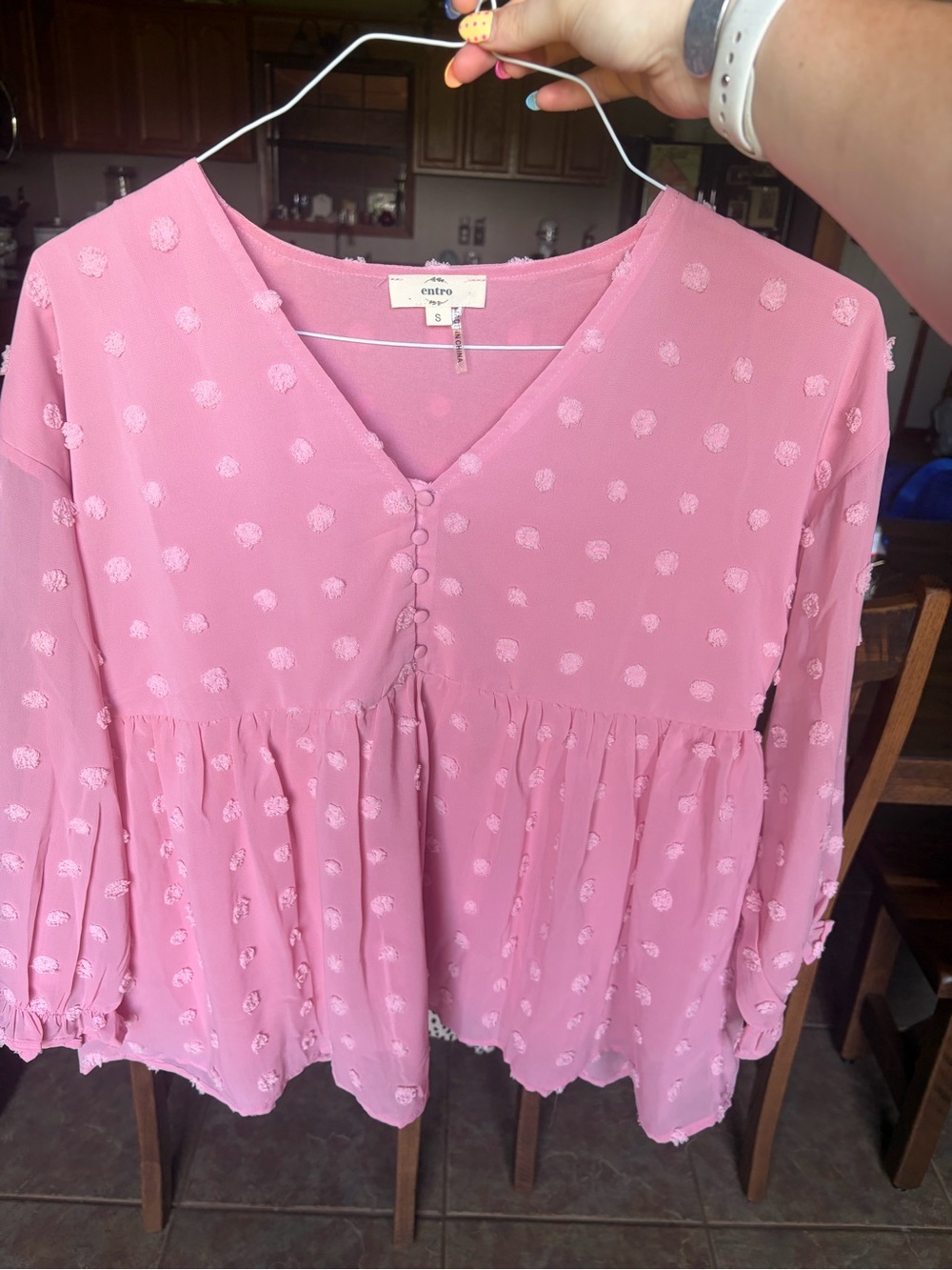 entro Pink Textured Swiss Dot V-Neck Blouse